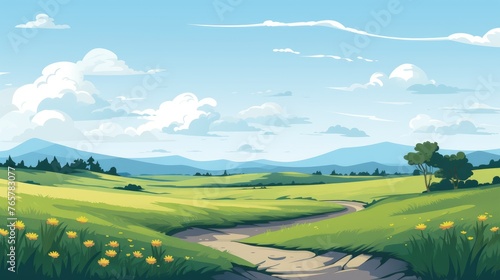 Grass Field landscape with blue sky and white cloud. Blue sky clouds sunny day wallpaper. Cartoon illustration of a Grass Field with blue sky in Summer. A mountain with Grass Field with blue sky.