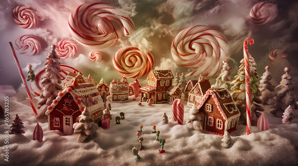A dreamy candy land filled with gingerbread houses, candy canes, and swirling lollipops under a cloudy sky