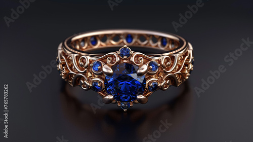 Rose gold ring with a mesmerizing sapphire centerpiece on a transparent background.