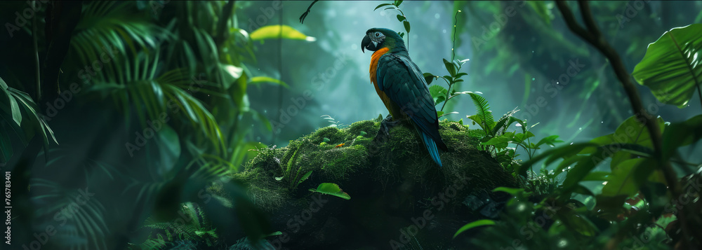 Naklejka premium Colorful jungle parrot at tropical deep forest. Illustration with birds. Generative AI 