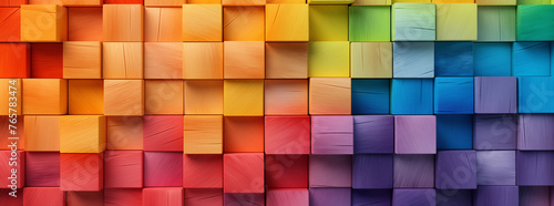 Abstract colorful wooden cubes arranged in an abstract pattern, showcasing the beauty of different shades and textures on a seamless background