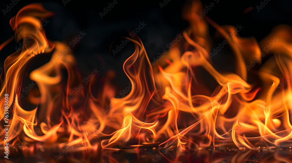 line of fire flames in orange and red on black background line of fire flames in orange and red on black background