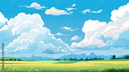 Grass Field landscape with blue sky and white cloud. Blue sky clouds sunny day wallpaper. Cartoon illustration of a Grass Field with blue sky in Summer. A mountain with Grass Field with blue sky.