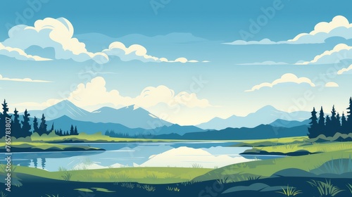 Grass Field landscape with blue sky and white cloud. Blue sky clouds sunny day wallpaper. illustration of a Grass Field with blue sky. green field in a day. 