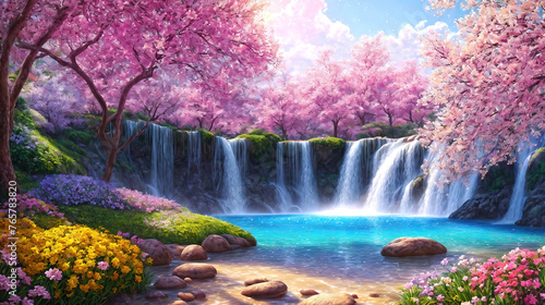 A beautiful paradise land full of flowers, sakura trees, rivers and waterfalls, a blooming and magical idyllic Eden garden