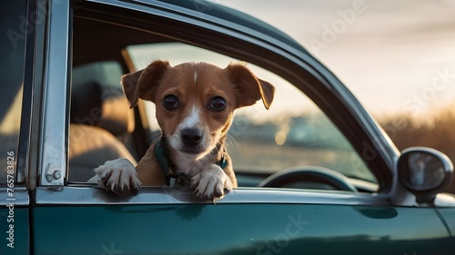 puppy in car. dog in car. a small dog hanging out of a car window. Ai ganerated image