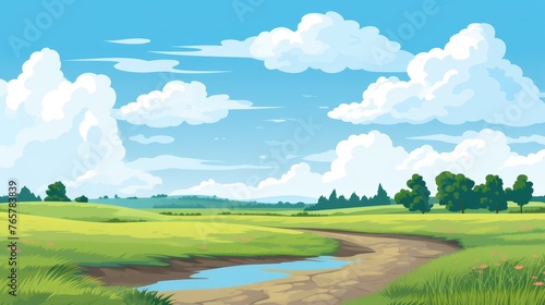 Grass Field landscape with blue sky and white cloud. Blue sky clouds sunny day wallpaper. illustration of a Grass Field with blue sky. green field in a day.  © jokerhitam289