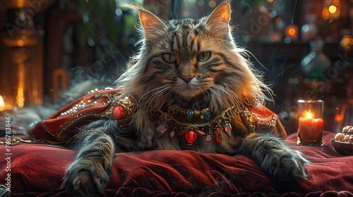 A regal cat witch magic crystal in paw