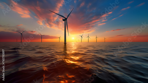 offshore wind park: wind turbines at sunset with wind miles in the water of the ocean photo