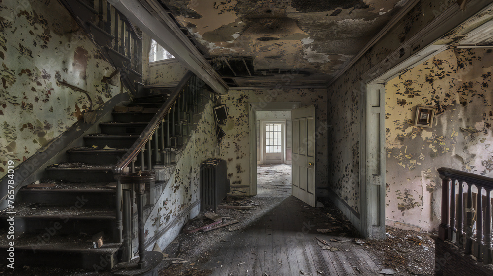 old shabby hallway in an abandoned farmhouse