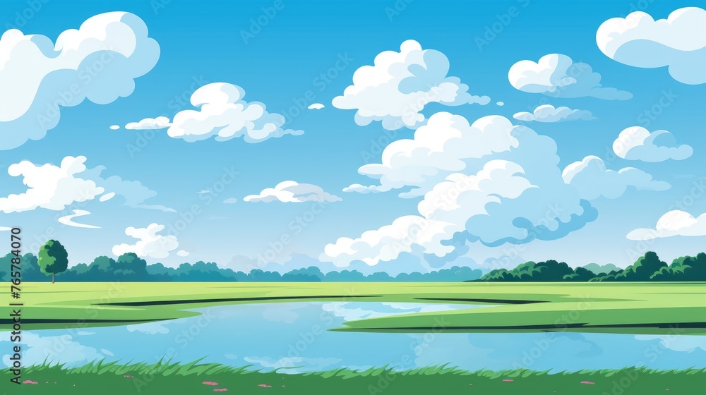 Obraz premium Grass Field landscape with blue sky and white cloud. Blue sky clouds sunny day wallpaper. Cartoon illustration of a Grass Field with blue sky in Summer. green field in a day.