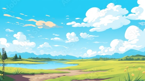 Grass field with river in a day. Grass Field landscape with blue sky and white cloud. Blue sky clouds sunny day wallpaper. illustration of a Grass Field with blue sky. 