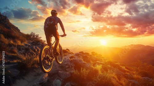 Mountain biker silhouetted against the setting sun on a rugged trail, Mountain Biking at Sunset on Rugged Terrain 