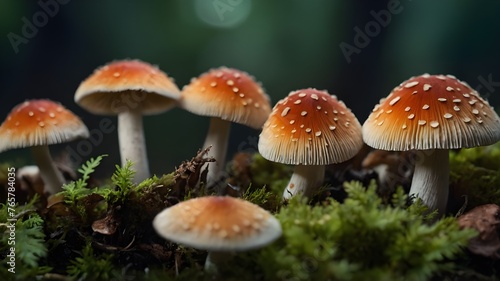 mushroom in the forest. a close up of a bunch of mushrooms, a macro photograph. Ai ganerated image photo