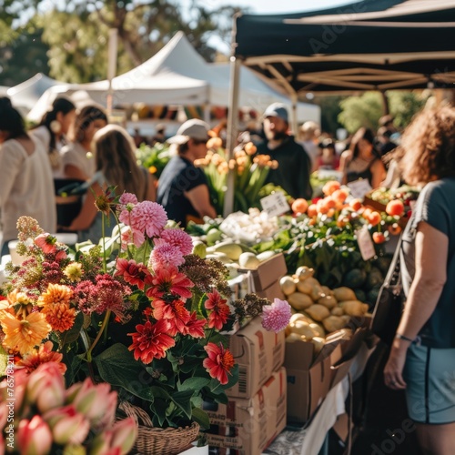 Local farmers market bustling with people, fresh produce and flowers in abundance - community and sustainability.