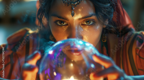 A dramatic image of a fortune teller looking into a crystal ball, she peers into the future and reveals the secrets of the universe