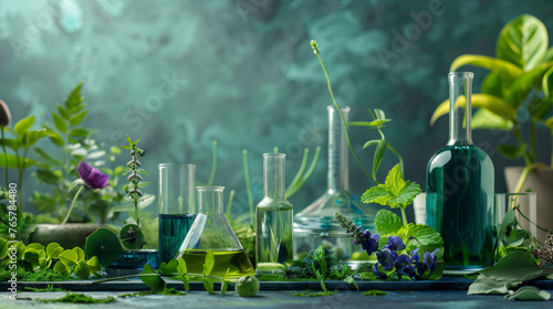 Biological science based cosmetics with lab lombics and plant herbs and plants for natural cosmetics  photo