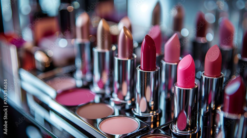 close shot of make up table with lipsticks and eyeshadows close shot of make up table with lipsticks and eyeshadows