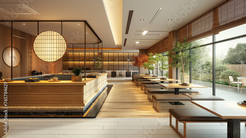 A modern Japanese restaurant interior with minimalist design, sleek furniture, and a sushi bar showcasing the artistry of the chef,