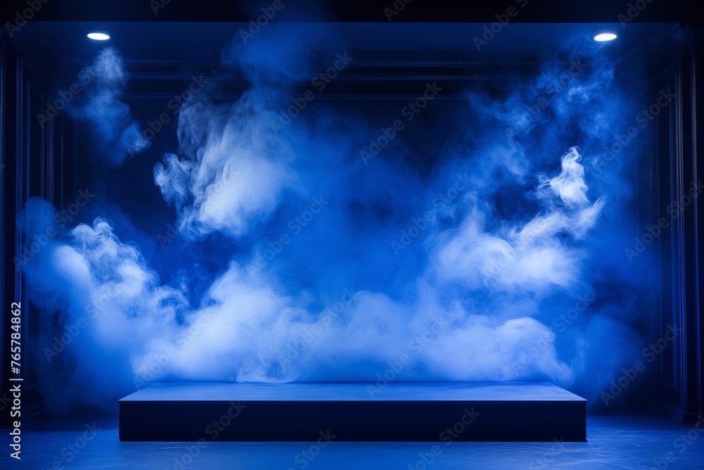 3D blue podium for displaying product with smokes 