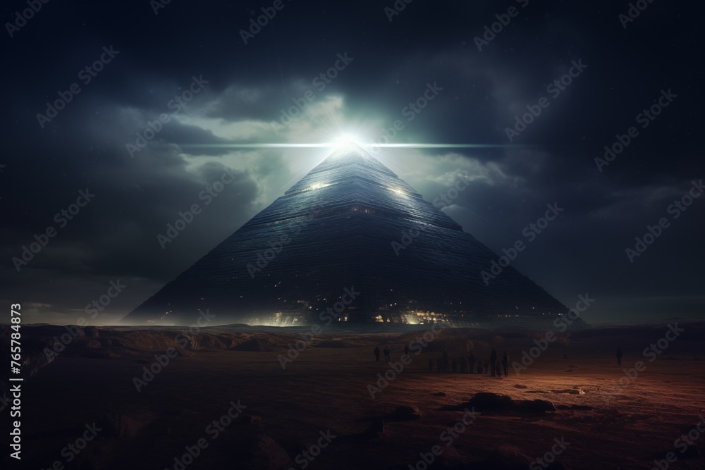 alien spaceship shooting light down to the pyramid 
