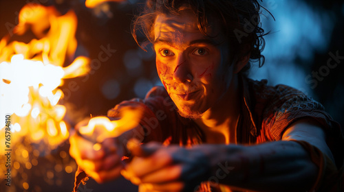 cinematic photo of makeing fire with wizard wand