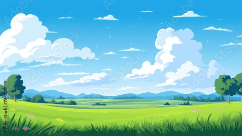 Grass Field landscape with blue sky and white cloud. Blue sky clouds sunny day wallpaper. Cartoon illustration of a Grass Field with blue sky in Summer. green field in a day. 
