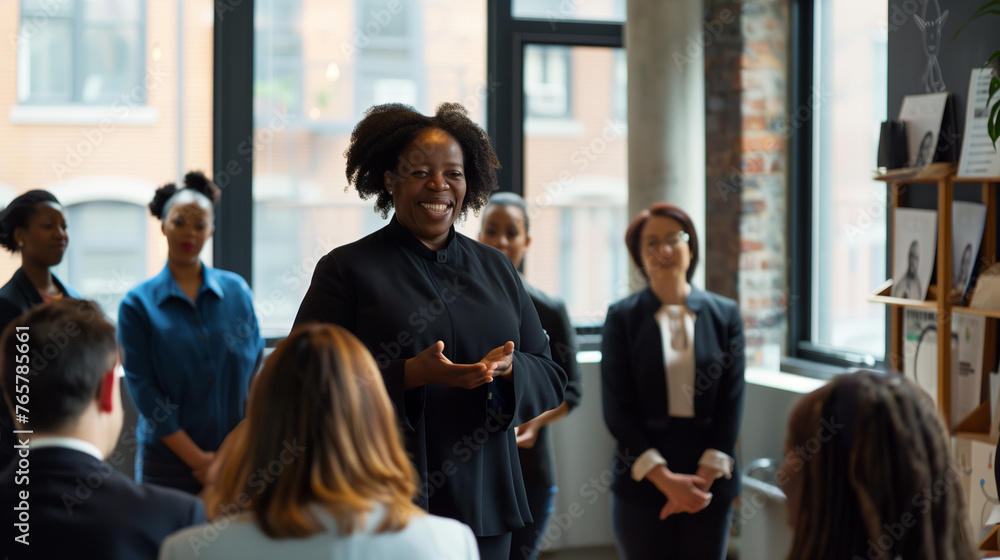 A woman is sharing a fun presentation with a crowd in a room A woman is sharing a fun presentation with a crowd in a room