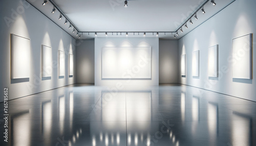 empty art gallery with clean, minimalist design, featuring white walls perfect for exhibition