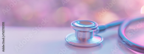 Stethoscope on pink surface with a blurred background. Medical practice and healthcare concept. Design for clinic banner with copy space, healthcare poster, medical equipment advertisement.