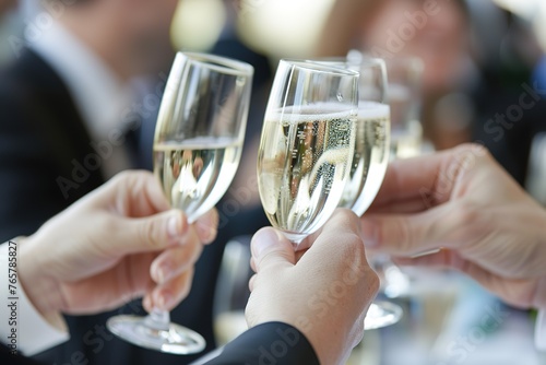 Close-up of a cheerful toast with champagne glasses at a festive event.
