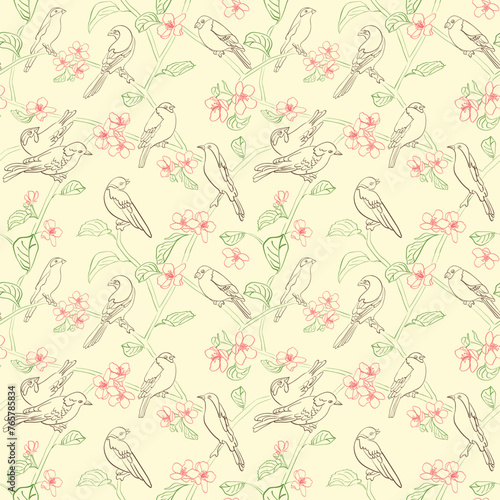 yellow seamless pattern. Vector texture with silhouettes of birds and apple tree flowers. Spring.