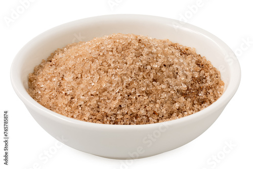 Cinnamon sugar in a white ceramic bowl isolated on white.