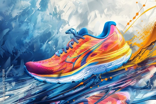 Pair of new sport running shoes Banner in a digital painting