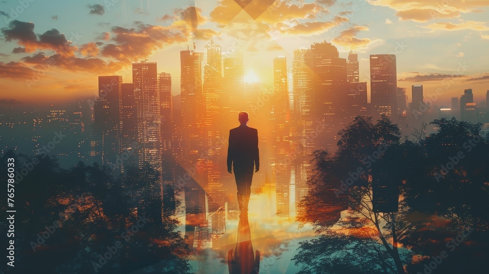 An artistic double exposure of a businessman walking towards a bright future skyline - obrazy, fototapety, plakaty 