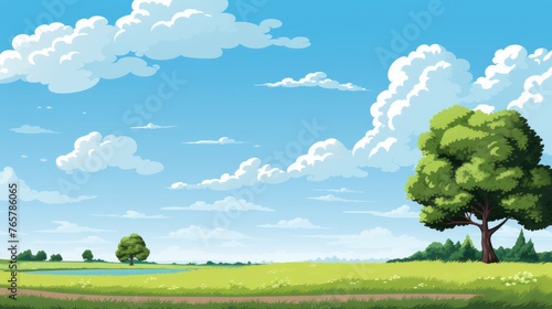 Grass Field landscape with blue sky and white cloud. Blue sky clouds sunny day wallpaper. Cartoon illustration of a Grass Field with blue sky in Summer. green field in a day.