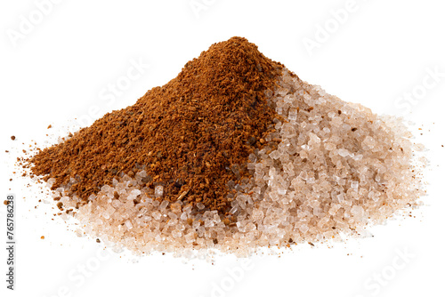 Heap of cinnamon sugar with a splash of ground cinnamon isolated on white.
