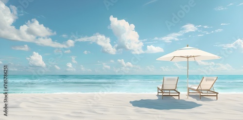 Two chairs and umbrella White sand. Vacation tourism travel background. Beautiful beach banner.