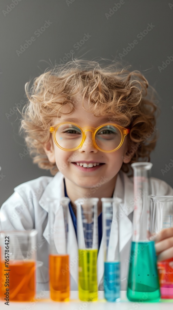 Young child chemist, in white lab coat and protective chemistry goggles, conducts scientific experiments. Surrounded by glassware and equipment, test tubes and flasks Young child chemist, in white lab coat and protective chemistry goggles, conducts scientific experiments. Surrounded by glassware and equipment, test tubes and flasks