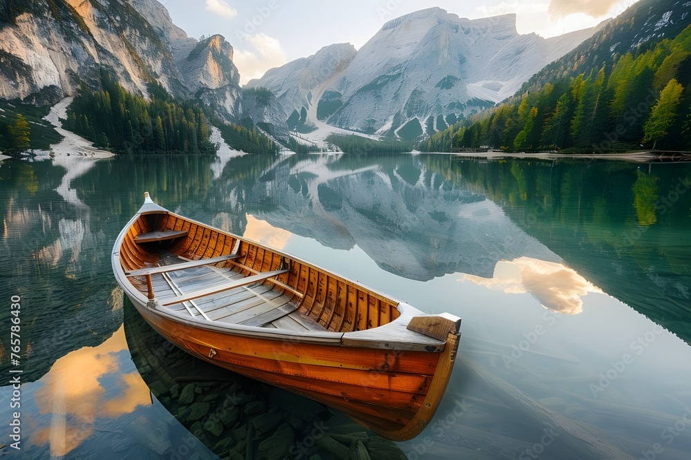 Wooden boat at the crystal lake with alpine mountain lake. Scenic morning lake and mountains background.