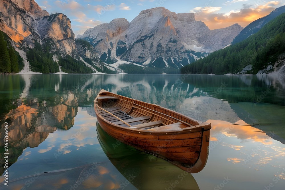 Wooden boat on the crystal lake with majestic mountain behind. Reflection in the water.