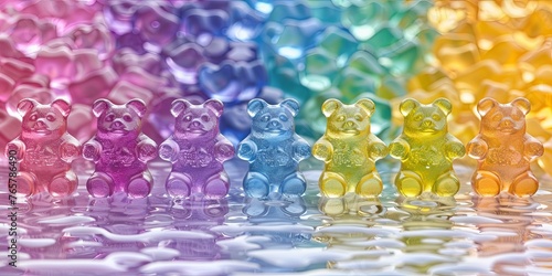 A whimsical 3D scene of rainbow-colored gummy bears cheerfully floating and dancing in a bright, candy-filled wonderland photo