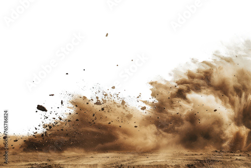 dry earth explosion isolated on white background, smoke bind with sand photo