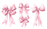 Watercolor pink coquette bows are isolated on a transparent PNG background for a cute princess or girl nursery room art decor.