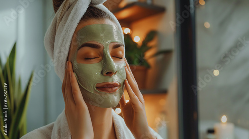 Young woman in bathrobe looking in the mirror and applying facial natural cosmetic clay mask on her face in bathroom. Cosmetic procedures for skin care at home. Beauty self-care. Selective focus.