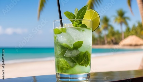 Closeup detail view of a glass of mojito