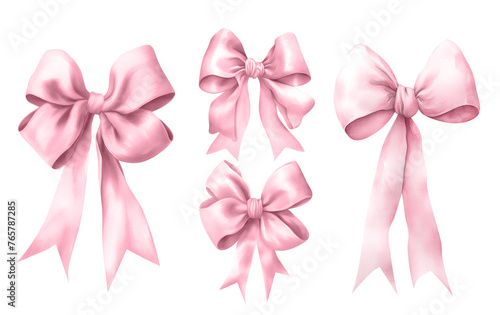 Watercolor pink coquette bows are isolated on a transparent PNG background for a cute princess or girl nursery room art decor.