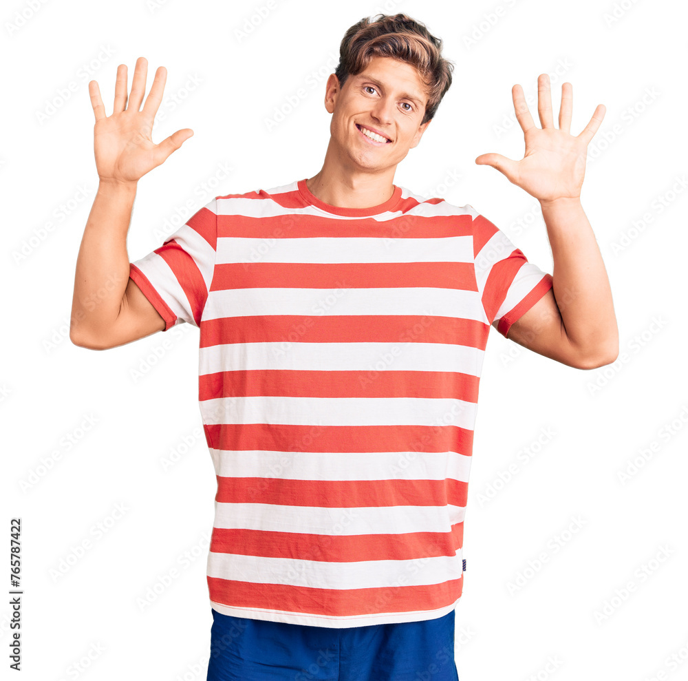Young handsome man wearing casual clothes showing and pointing up with fingers number ten while smiling confident and happy. Young handsome man wearing casual clothes showing and pointing up with fingers number ten while smiling confident and happy.