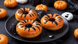 Donuts in black and orange glaze, a dish for Halloween