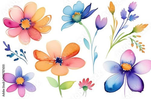 Watercolour set of flower elements, floral collection with petals, branches and leaves on white background. Watercolor decoration for wedding invitation, greeting postcard template.